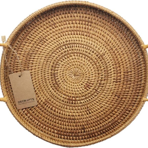 Rattan Round Serving Tray Wicker Woven Bread Basket with Handles for Cracker Din - Picture 1 of 7